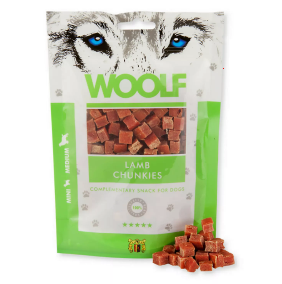 Przekąski dla Dobermana Woolf Lamb Chunkies 100g – Naturalne Smakołyki z Jagnięciny 91%